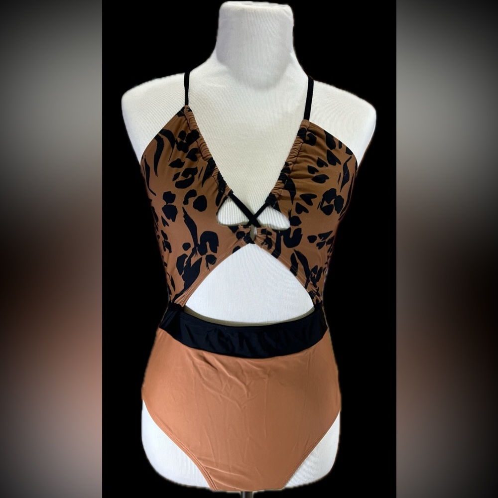 CUPSHE Women's One Piece Swimsuit Plunge
 Black and Brown Swimsuit 0021